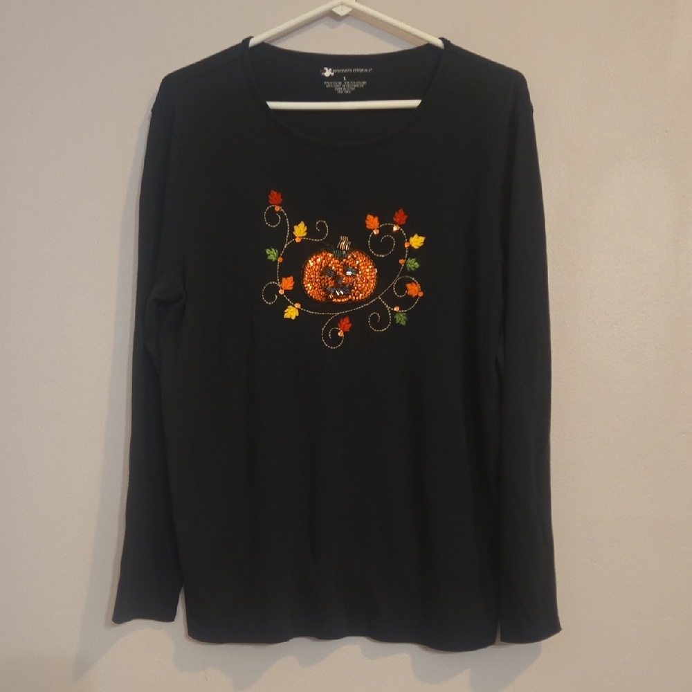 Designers Originals Black Pumpkin Fall Halloween Shirt Long Sleeve Size Large